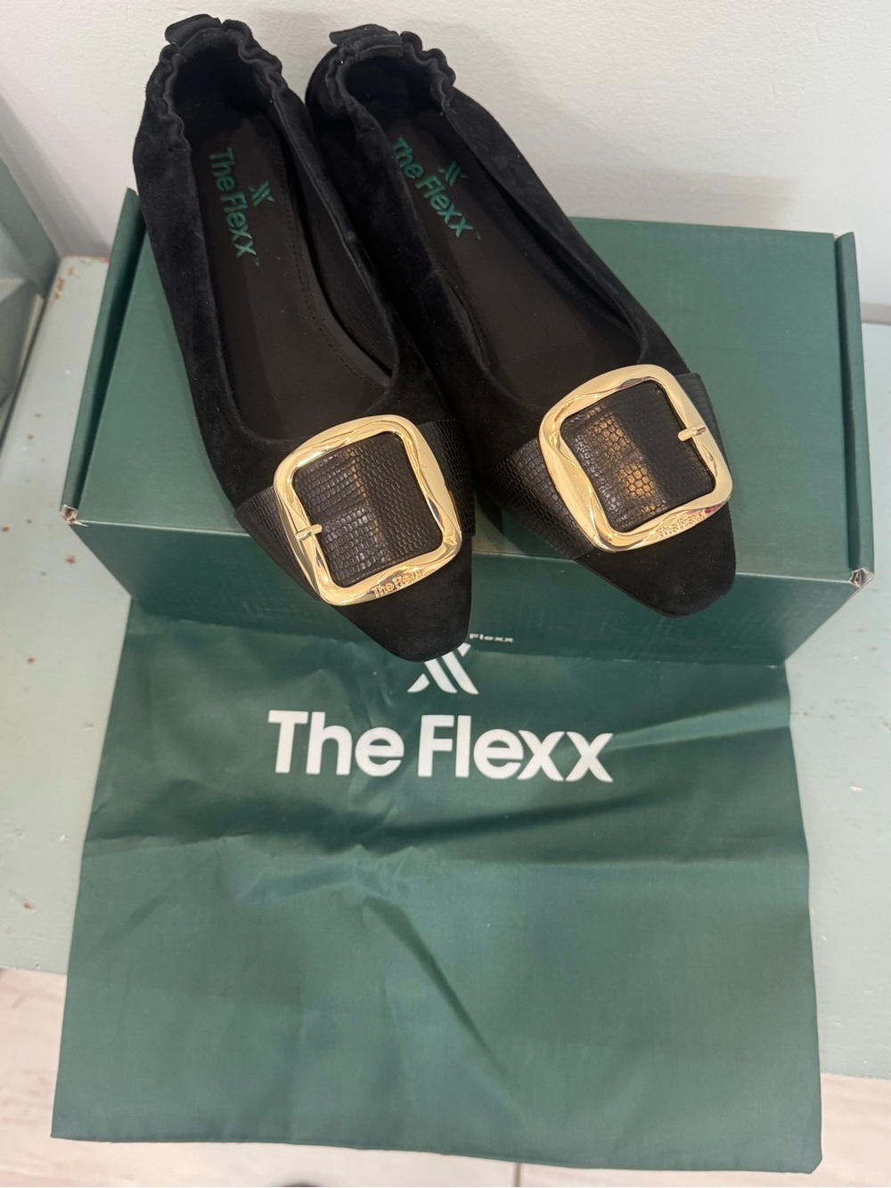 THE FLEXX Black Suede Pointed Ballet Flats with Gold Buckle